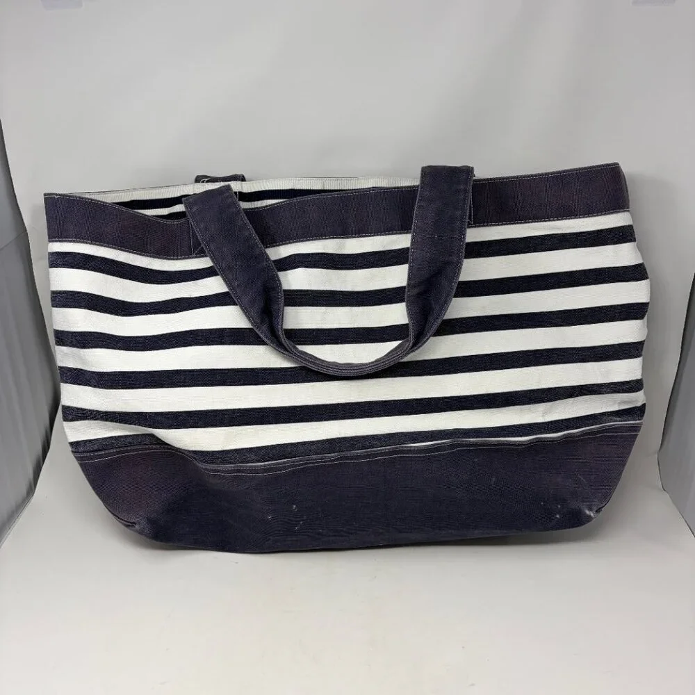 Pottery Barn Kids tote bag large blue white stripe preppy P pink monogram cotton